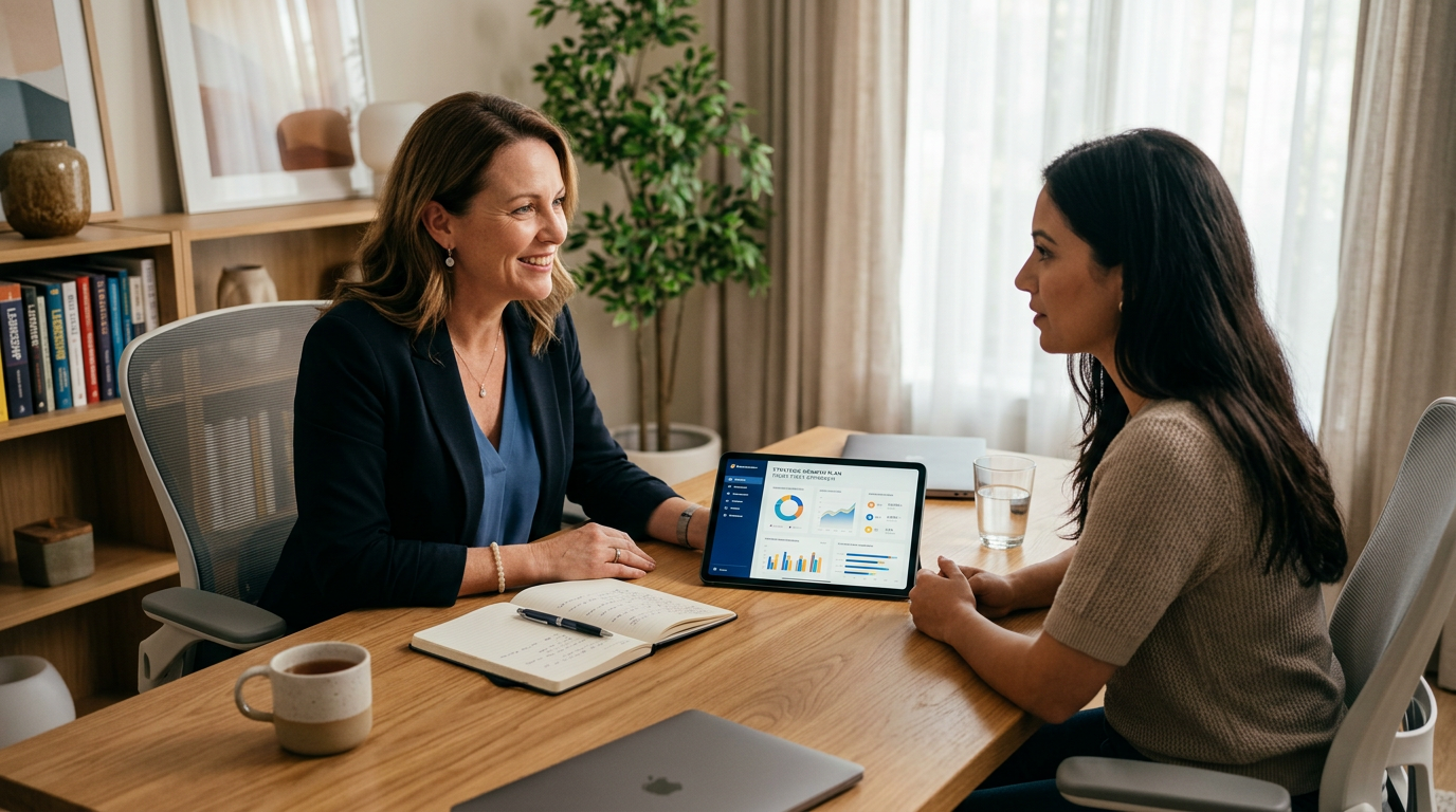 A calm strategic consultation reviewing customer insight over a notebook and tablet